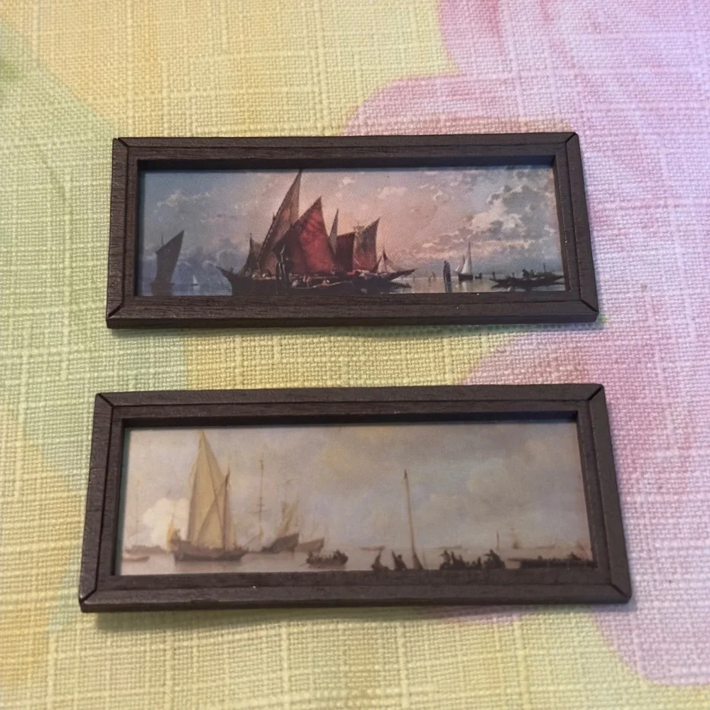 Miniature Nautical Sailing Ship Magnets Brown Plastic Framed Art Set Coastal